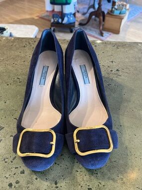 Prada Navy Suede Heels with Gold Buckle Accent